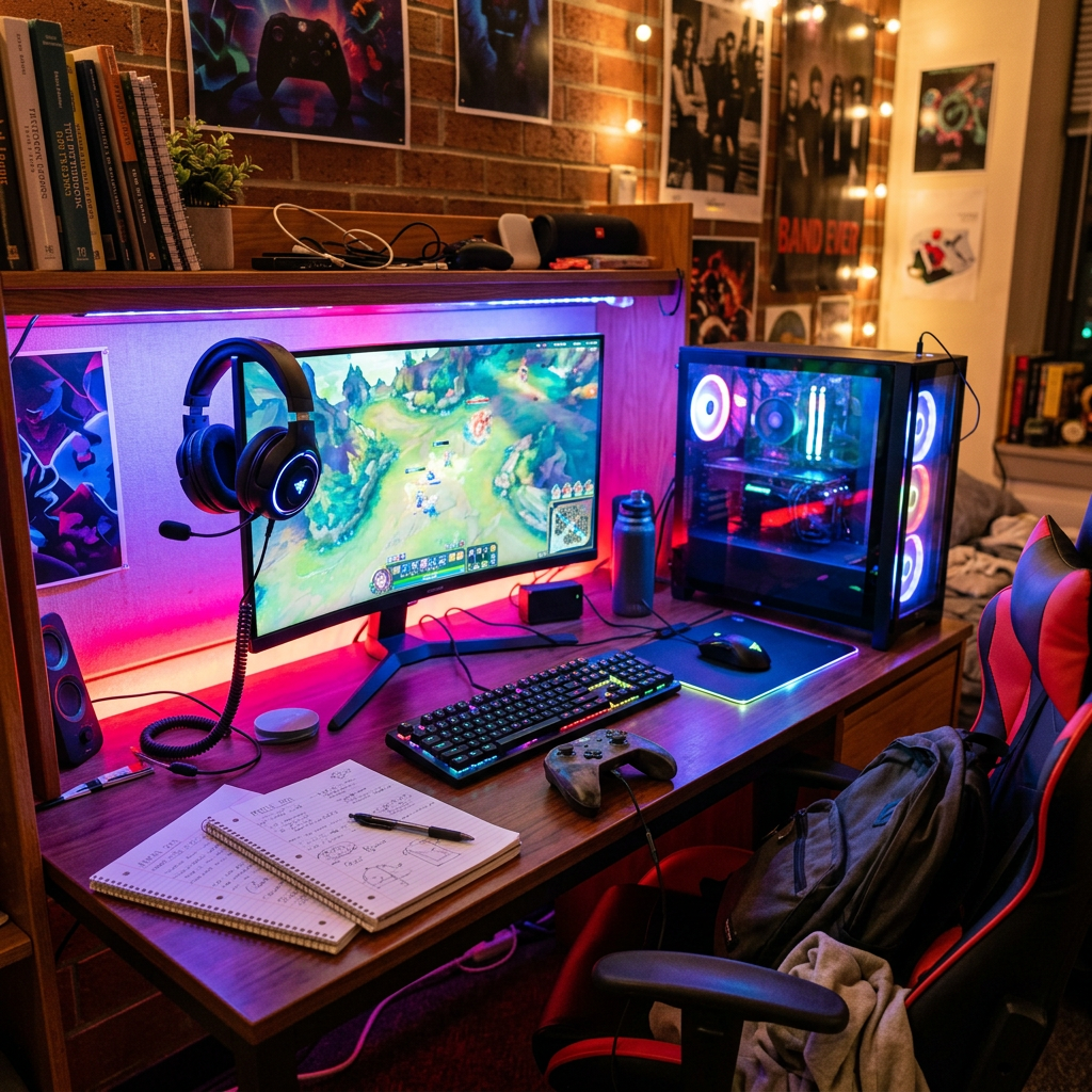 RGB-lit gaming desk with monitor, gaming PC, headset, keyboard, and controller